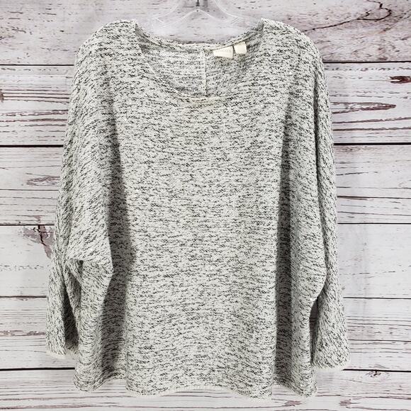 Chico's Black White Knit Textured Mini Fringe Dolman Sleeve Top Size 3 - Picture 1 of 15